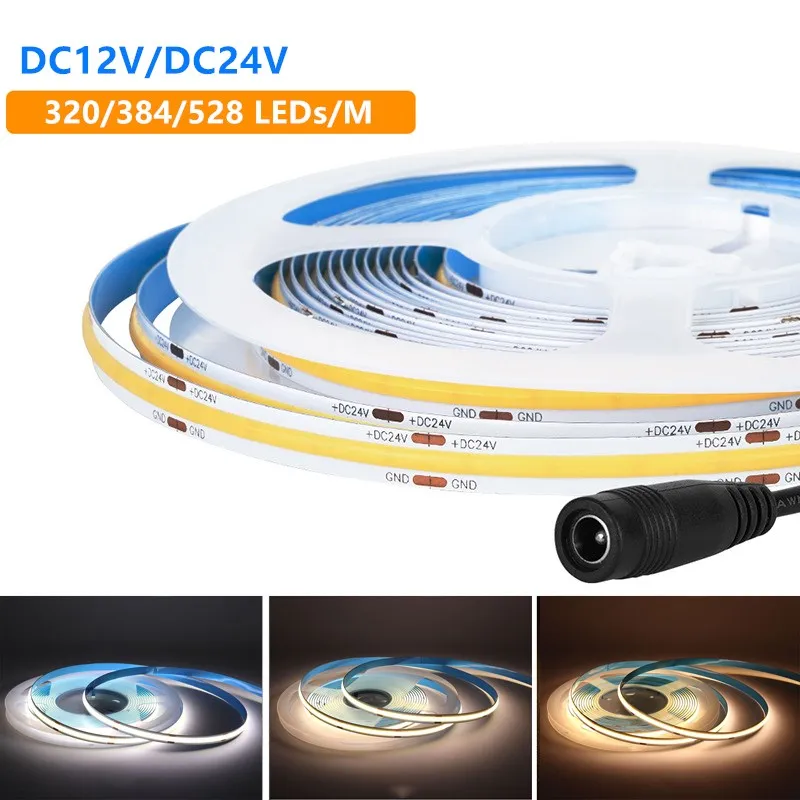 

12V 24V COB LED Strip Light 320 384 528 LED/M High Density Flexible FCOB COB Led Light RA90 White Warm Nature Linear Dimmable