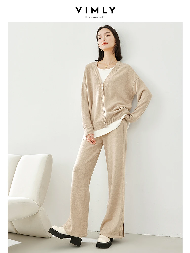 

Vimly 2023 Atutumn Winter Sweater Matching Sets Fake 2 Piece Long Sleeve Sweaters Split Knit Baggy Pants Women's Suits 16262