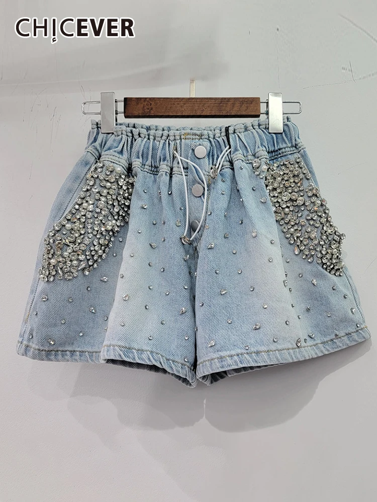 

CHICEVER Patchwork Diamonds Denim Shorts For Women High Waist Folds Spliced Drawstring Loose Casual Summer Short Pant Female New