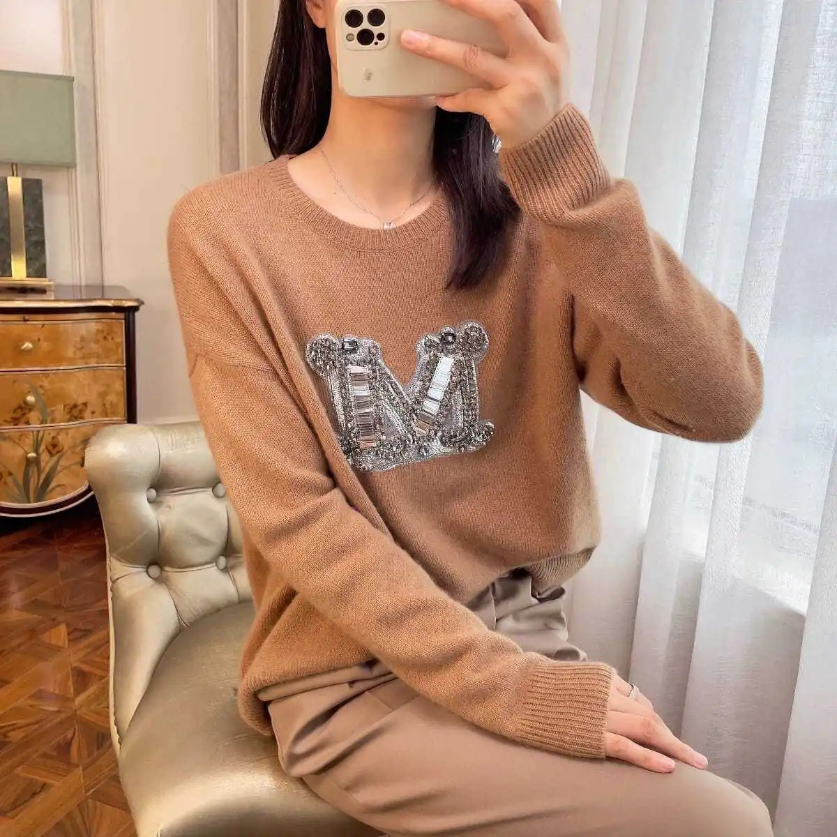High-Quality Diamond Letter M Knitted Pullover Women Cashmere Sweater Spring Autumn New Fashion Soft Lazy Wool Knitwear TopsX218