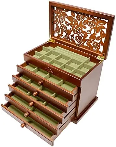 

Jewelry Box for Women - Real Wooden Jewelry Organizer Box with Rose Leaf Patterns, Mothers Day Gifts, Jewelry Boxes for Storage