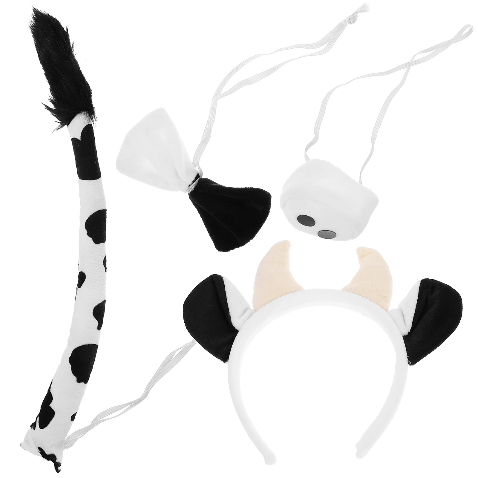 Повязка на голову с рогами плюшевая черно-белая корова игрушка из четырех