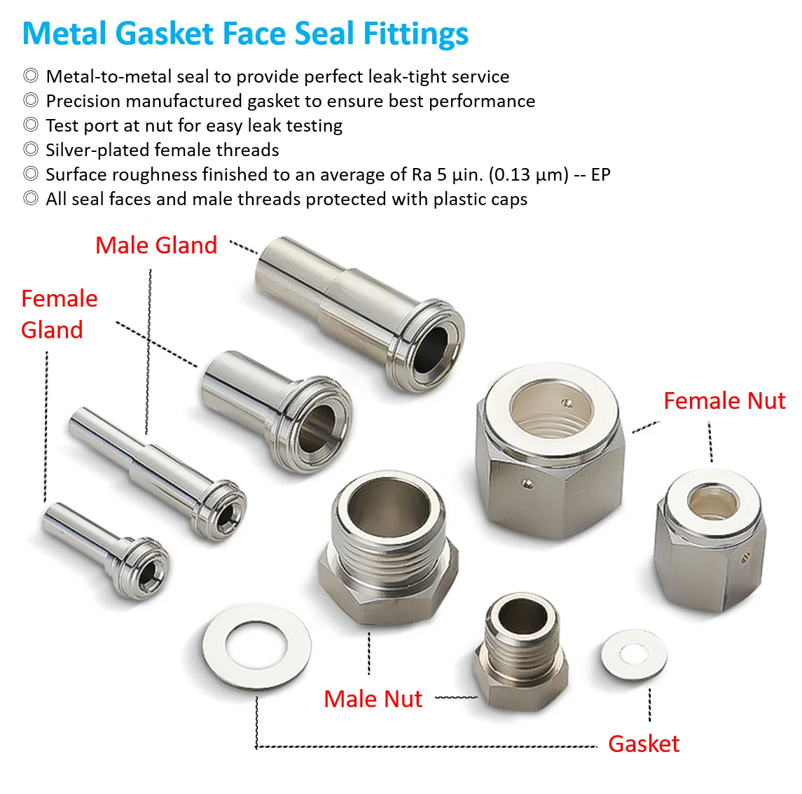VCR Fitting Male Female Long GLAND NUT GASKET Stainless Steel 316L EP Face Seal Fitting 1/4 3/8 1/2 3/4 inch replace Swagelok
