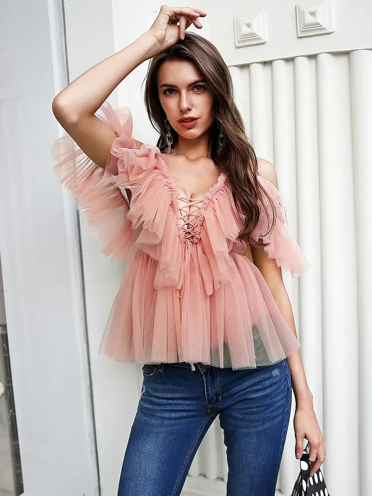 

V-neck mesh lace up sexy blouse summer women Strap boho ruffle cold shouler elegant tops Tulle see through casual shirt