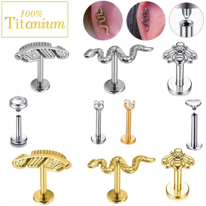 

Lip Labret Piercing Rings G23 Titanium Ear Studs CZ Flower Snake Bee Daith Cartilage Tragus Helix Earrings 6/8/10mm Body Jewelry