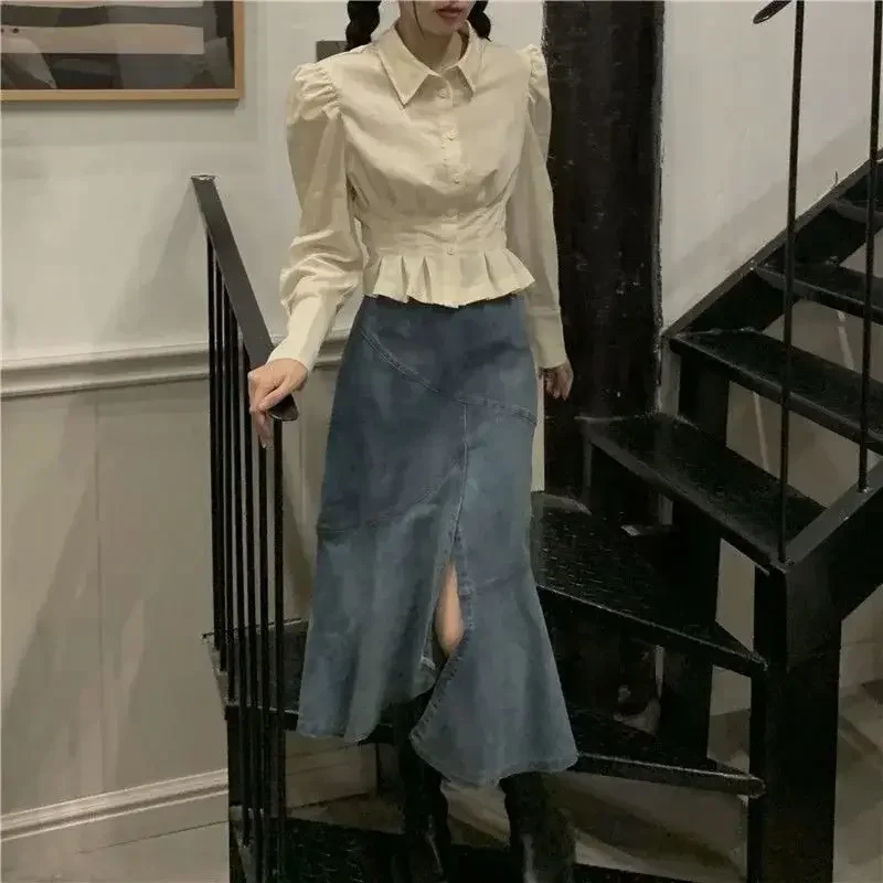 Рубашки Шикарные винтажные укороченные топы с пышными рукавами Милые девушки