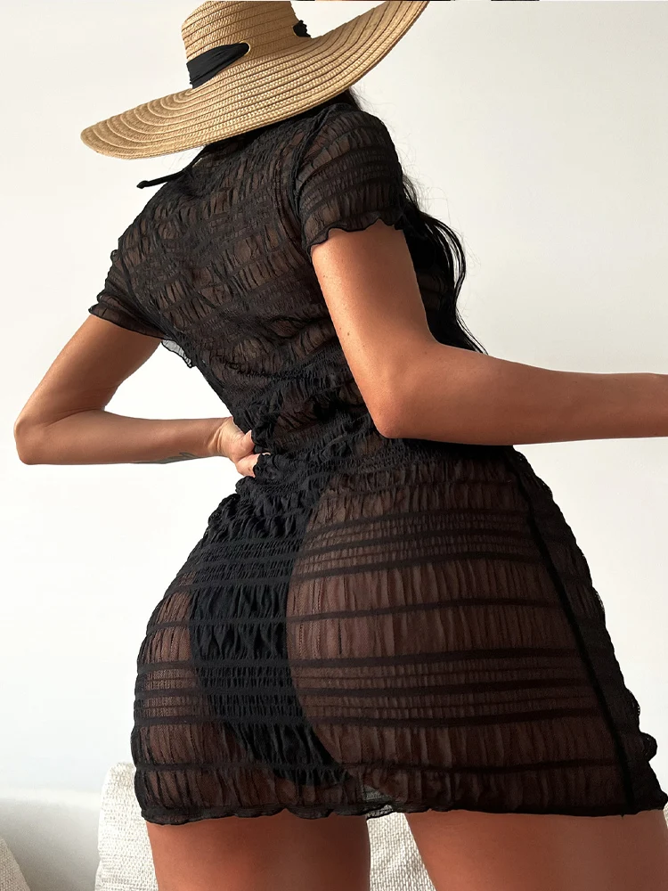 

Соблазнительное однотонное платье с лямкой на шее, 3 шт., Сетчатое платье с коротким рукавом, комплект бикини, купальник-монокини, женский ку...