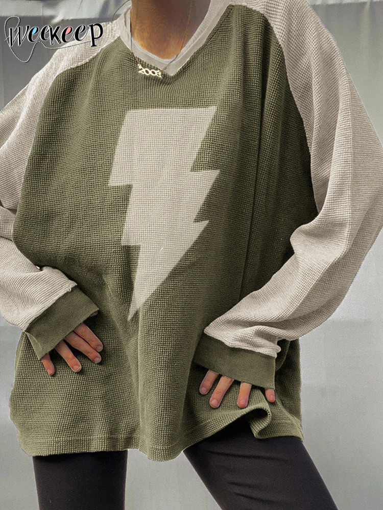 

Женский укороченный топ с v-образным вырезом Weekeep, шикарное лоскутное свободное платье с длинным рукавом и милым принтом, повседневные футбо...