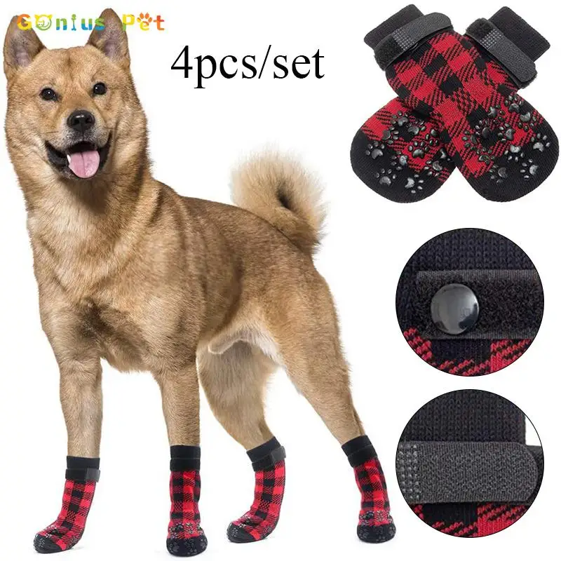 

4pcs Christmas Cute Plaid Warm Puppy Dog Socks Pet Knits Socks Anti Slip Socks Puppy Dog Shoes Small Medium Dogs Pet Product