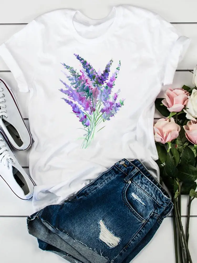 

Short Sleeve Graphic Tee Fashion Clothes Women Clothing Watercolor Floral Trend Flower Print Summer T Female Casual T-shirts