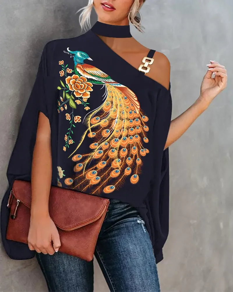 

Модные топы с принтом и открытыми плечами, украшенные цепочками, свободная футболка большого размера, Повседневная Уличная одежда, новинка 2023, летняя простая милая блузка