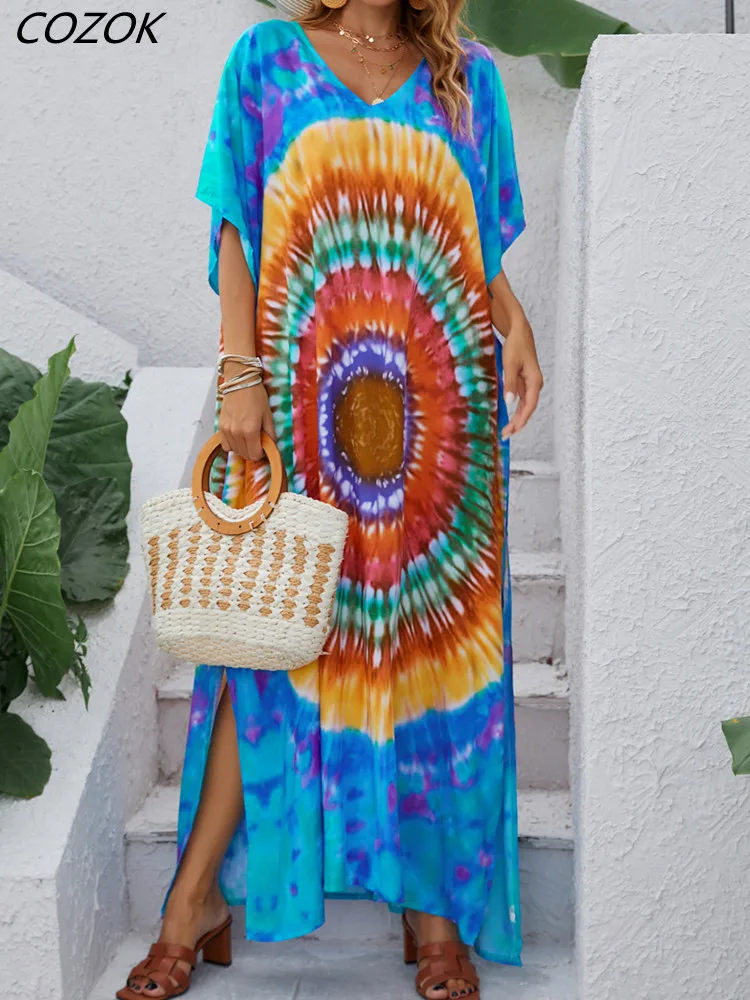 

Summer Split Print Casual Dress Women V Neck Sexy Beach Ladies Dresses 2023