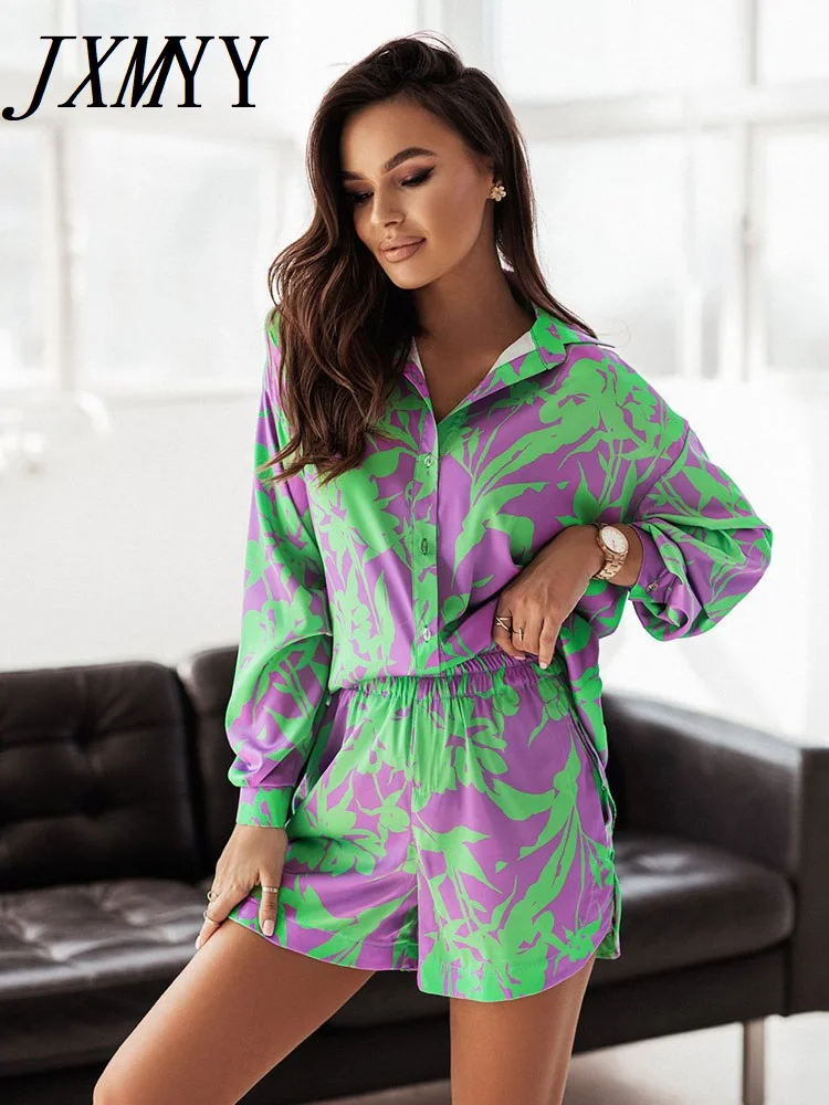 

JXMYY 2023 летний костюм с шортами с принтом, Женская винтажная рубашка с длинным рукавом и короткие брюки, костюм из двух предметов, Женский Сво...