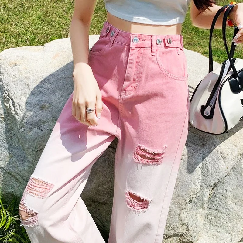Women Hole Jeans Fashion Gradien Pocket Pink Jeans Full-Length Denim Pants High Elasticity Sweet Casual Pant Korean Fashion