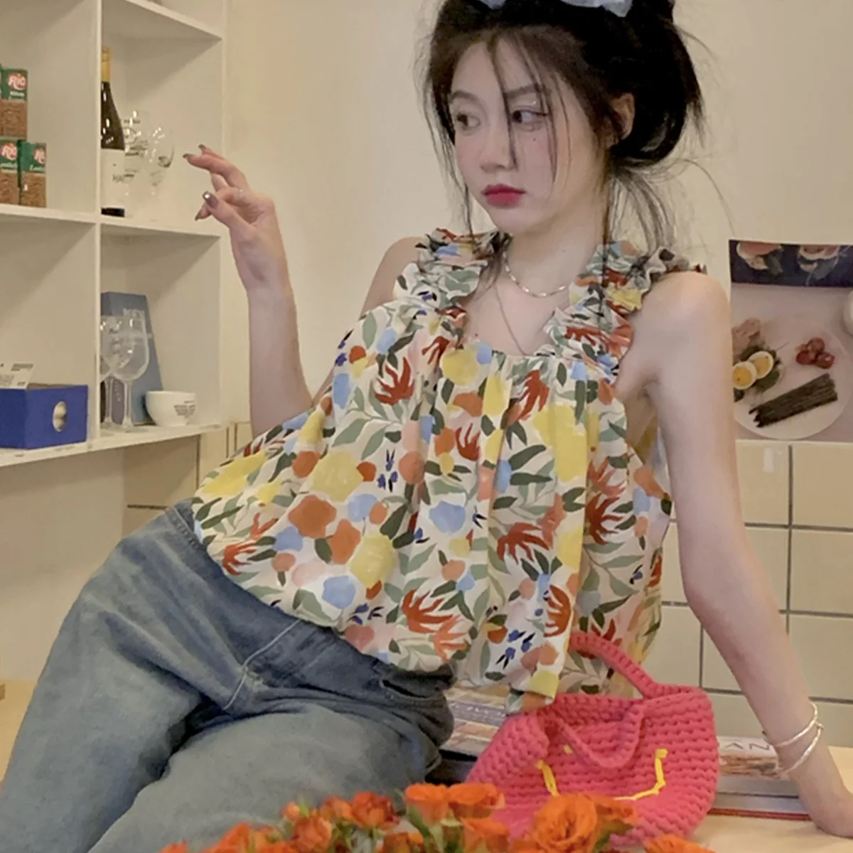 Paixiang/French Sweet and Spicy Floral Small Sling Vest Women's Summer 2025 New Arrival Slim Fit Slimming Top