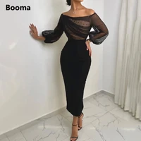 black off the shoulder prom dresses long sleeves ruched beading top evening dresses tea length sheath wedding party dresses