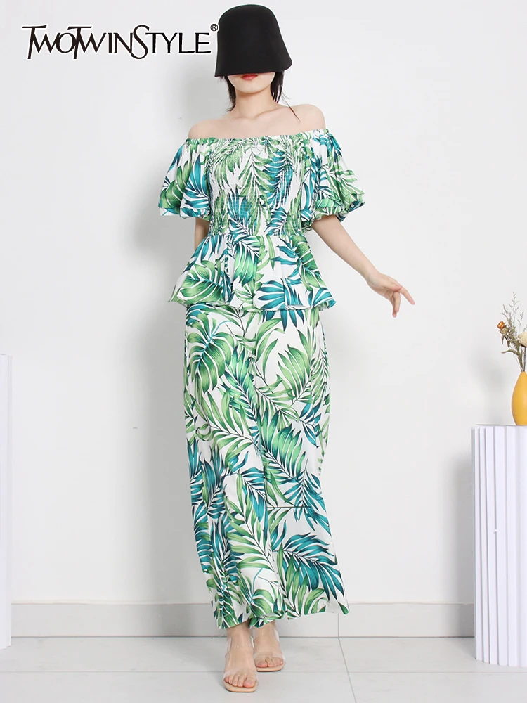 

TWOTWINSTYLE Print Color Block Jumpsuit For Women Slash Neck Short Sleeve High Waist Loose Jumpsuits Female Clothing Style New