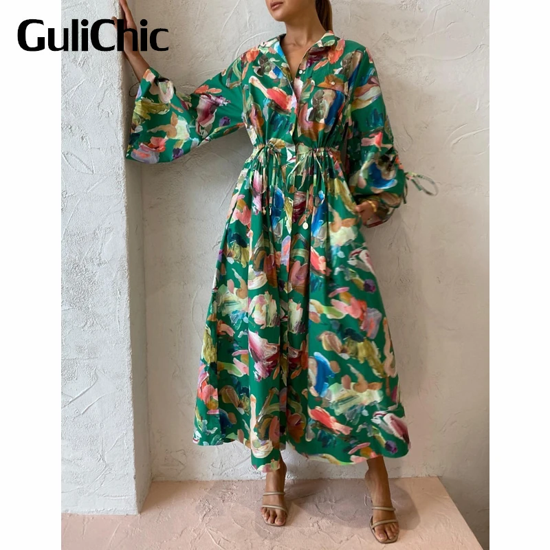 

8.2 GuliChic Women Vintage Fashion Contrast Color Print Single Breasted Drawstring Design Green Dress
