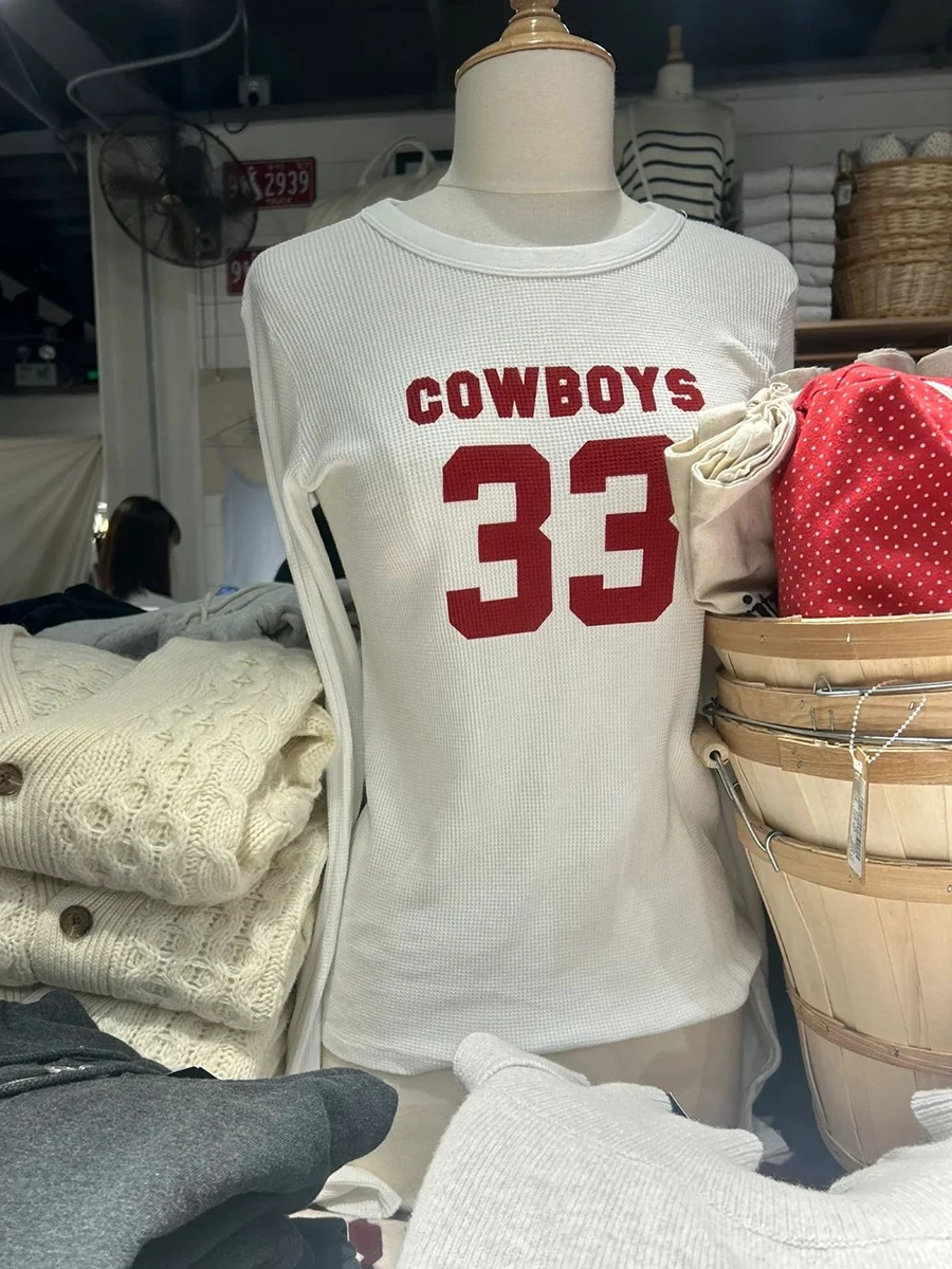 Cowboys 33 Вафельная футболка с длинным рукавом Женская осенняя хлопковая тонкая