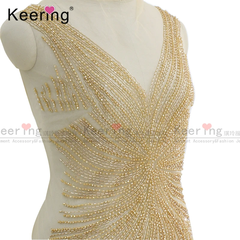 

Wholesale New bodice dress grown long panel large beaded applique patches WDP-189