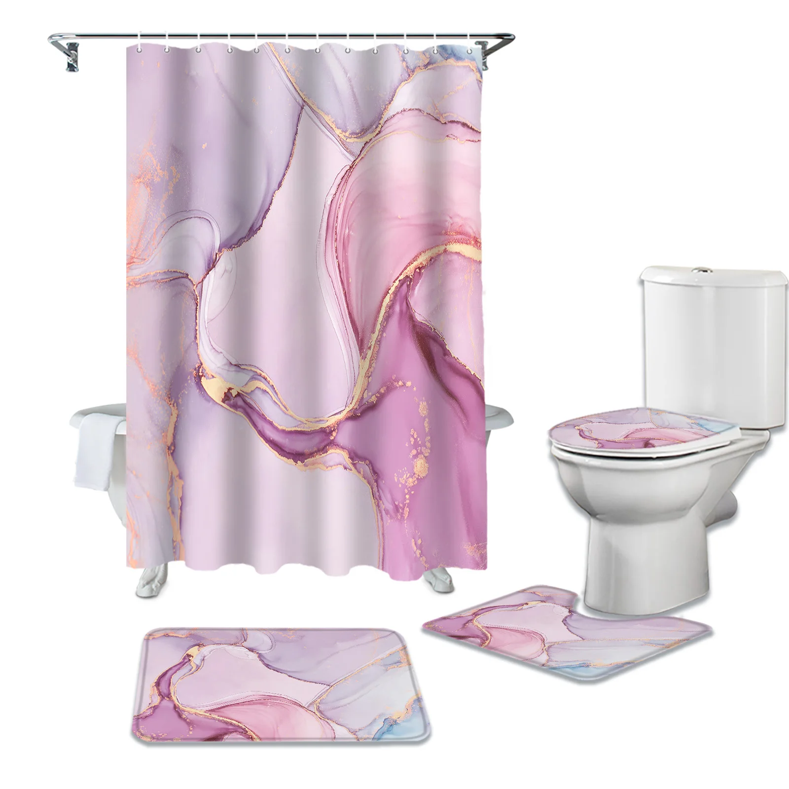 

Marble Gradient Pink Shower Curtain Set Anti-slip Bath Mat Toilet Cover Waterproof Polyester Bathroom Curtain