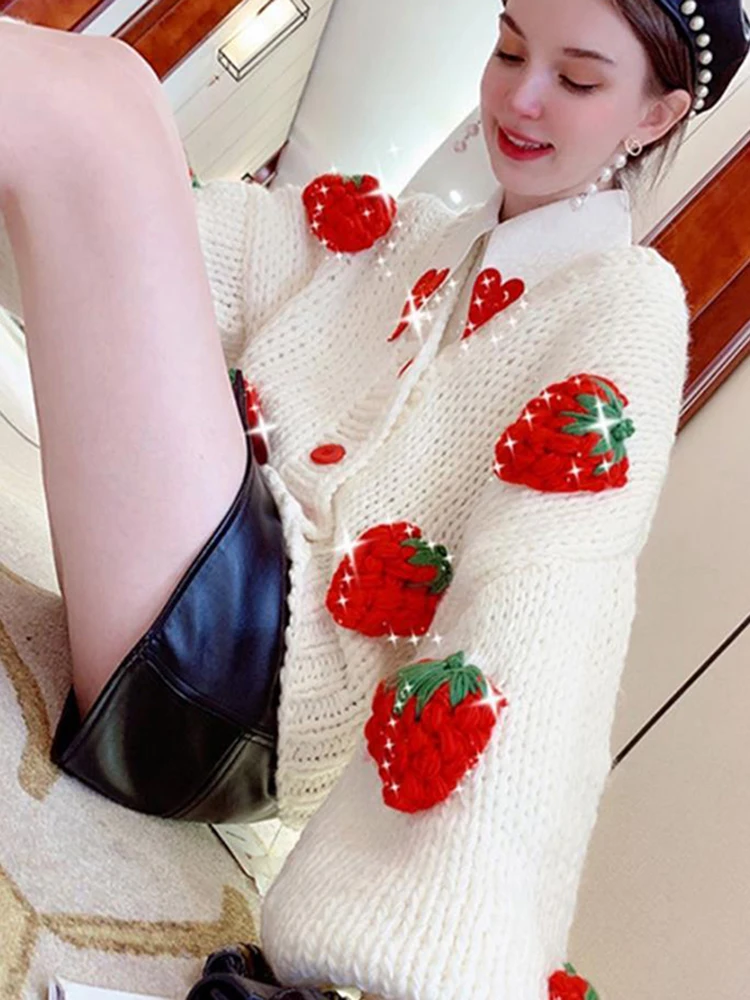 

ZOKI Cute Strawberry Women Cardigan Sweater Winter Loose Fashion V Neck Hand 3D Knitting Ladies Jumper Casual Female Coats New