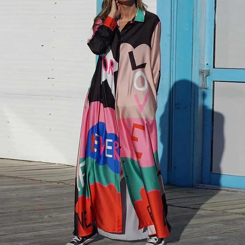 

Повседневное женское длинное платье в стиле пэчворк, осенние платья-рубашки с длинным рукавом, отложным воротником и пуговицами, женское свободное Макси-Платье, женское платье