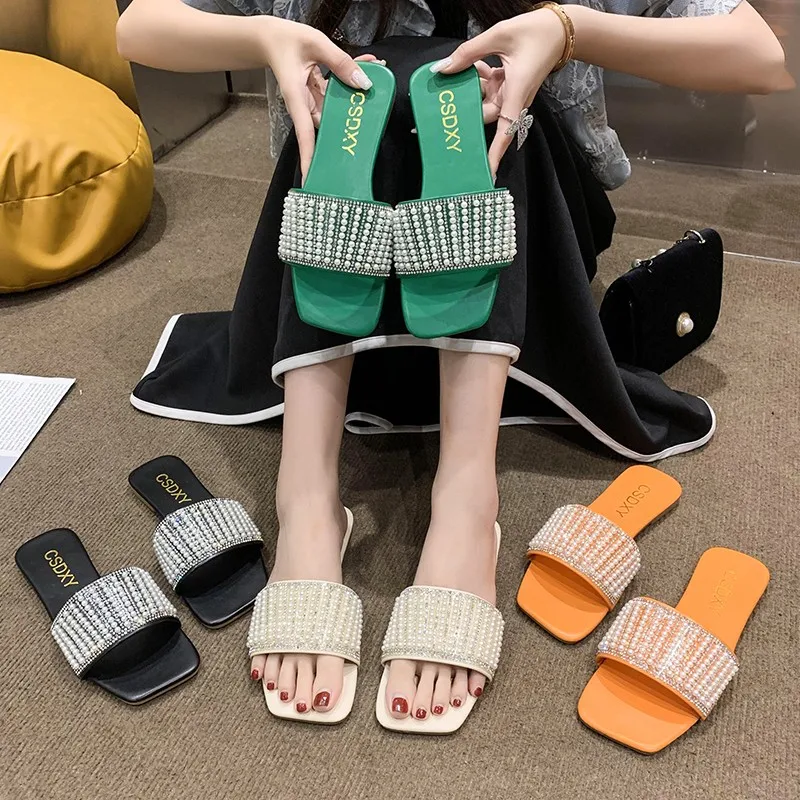 

Summer Luxury Designers Women Ins String Bead Rhinestone Flat Heels Slippers Open Toes Beach Slides Lady Flip Flop Plus Size