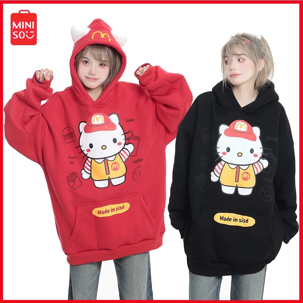 

New Miniso Sanrio Hellokitty Y2K Hooded Sweatshirt Winter Loose Padded Thickened Warm Hooded Jacket Casual Sports Tops Sugarloaf