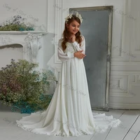 white o neck flower girl dress beading sequined lace long sleeve sweep train chiffon first communion gown kid birthday dress