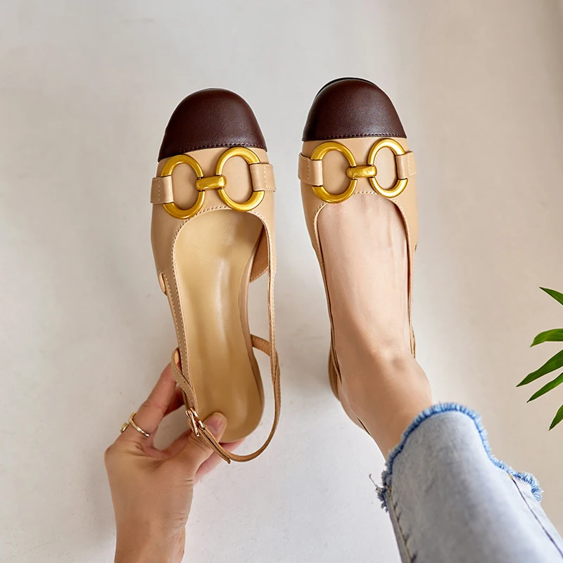 

2022 Women's sandals natural leather 22-25cm cowhide upper full leather color matching Metal chain buckle back tab women sandals