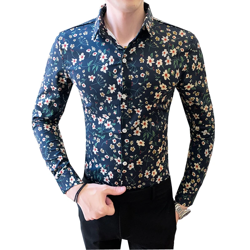 2022 New Korean Men's Flower Shirts Long Sleeve Casual Business Formal Shirt Slim Fit Streetwear Social Party Tops Chemise Homme