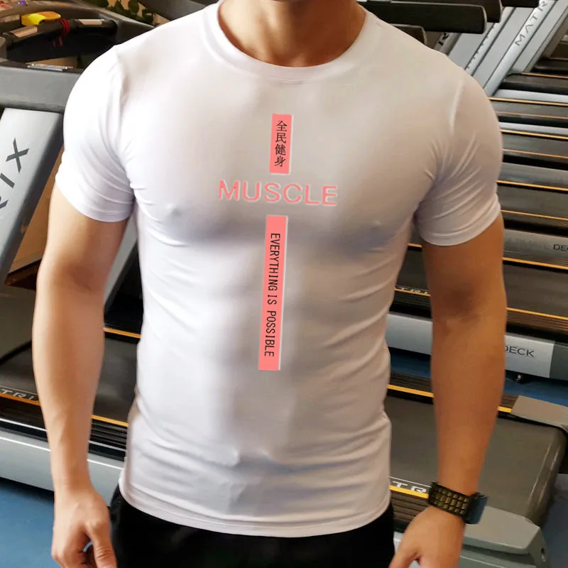 

Summer Men's Running T-shirt Quick-drying Gym Bodybuilding Compression Tight Sportswear Muscular Male Short Sleeves Shirts Brand