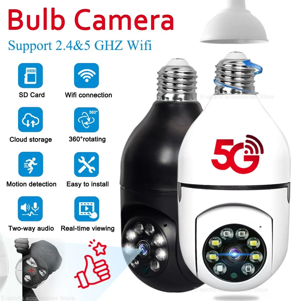 

5G Wifi E27 Bulb Surveillance Camera Night Vision Full Color Automatic Human Tracking 4X Digital Zoom Video Security Monitor Cam