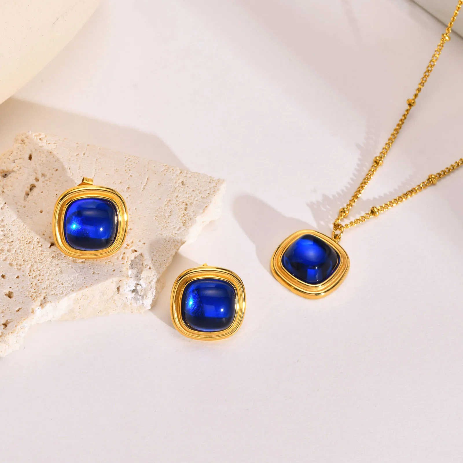 

Upscale Blue Stone Necklaces for Women,Geometric Square Pendant with Adustable Satellite Link Chain, Anniversary Gift Jewelry