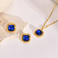 upscale blue stone necklaces for womengeometric square pendant with adustable satellite link chain anniversary gift jewelry