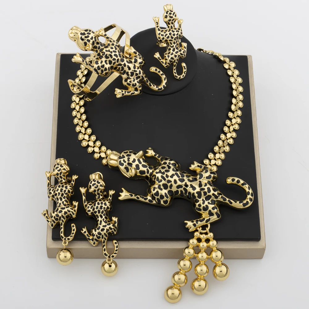 

YM Party Fashion Jewelry Sets Copper Leopard Necklace Bracelet Earrings Ring Jewelry Dubai Nigeria Bridal Wedding Accessories