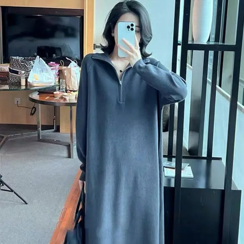 

Модное вязаное платье на молнии с высоким воротником для женщин, новинка 2023, осенне-зимнее пальто, платье-свитер, нижнее платье, свитер