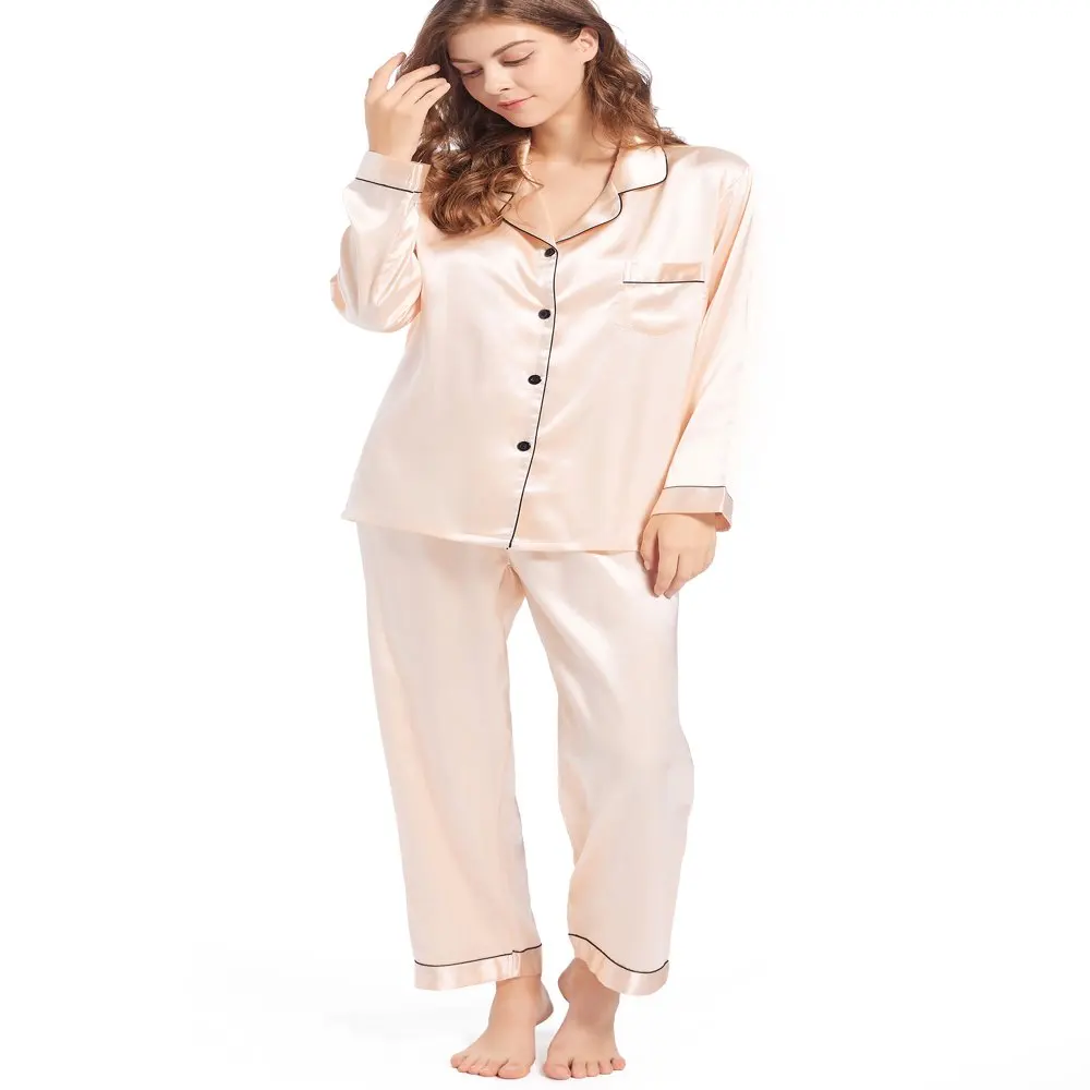 

Womens Silk Satin Pajamas Long Sleeve Pj Set Two-piece Sleepwear Silky Button-down Nightwear Soft Loungewear Sets, M Champagne