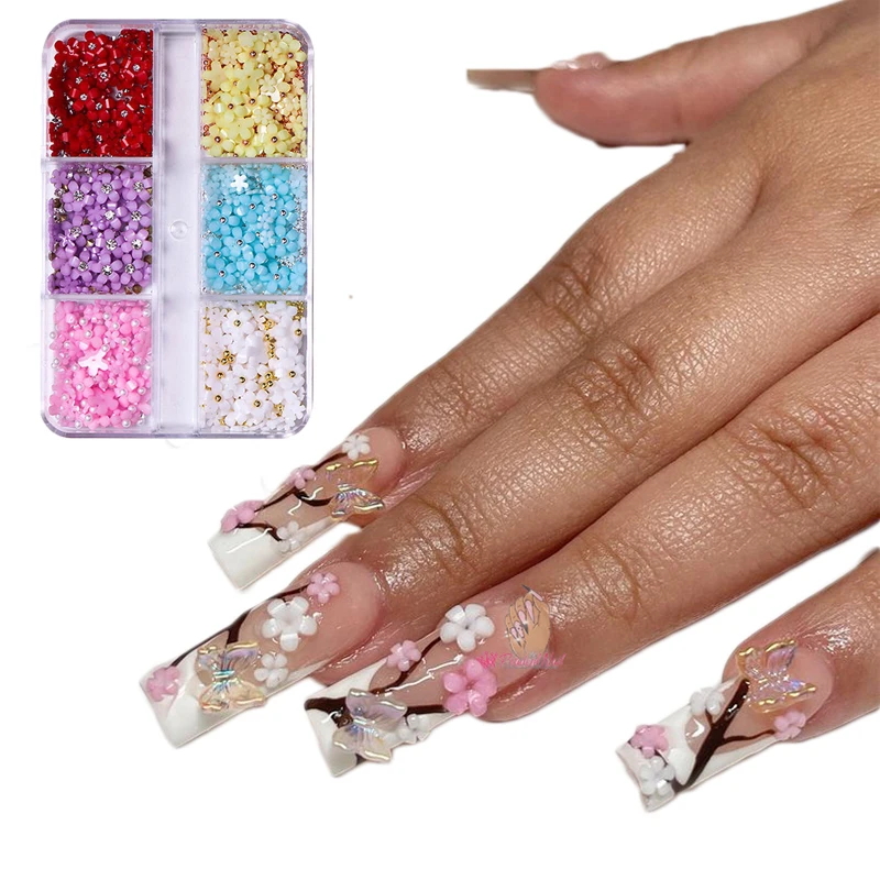 

6 Grids/Box Nail Art 3D Acrylic Petals Charms Accessories Mixed Colors Flowers Jewelry DIY Maincure Decorations