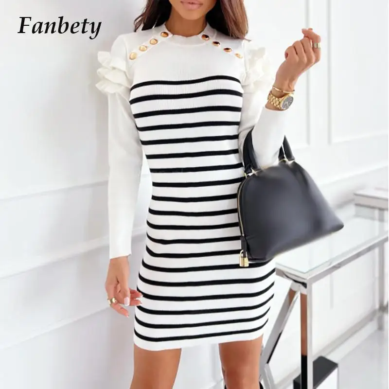 

Autumn Women O Neck T-shirt Dress Fashion Stripe Print Ruffles Long Sleeve Mini Dress Elegant Lady Decorative button Slim Dress