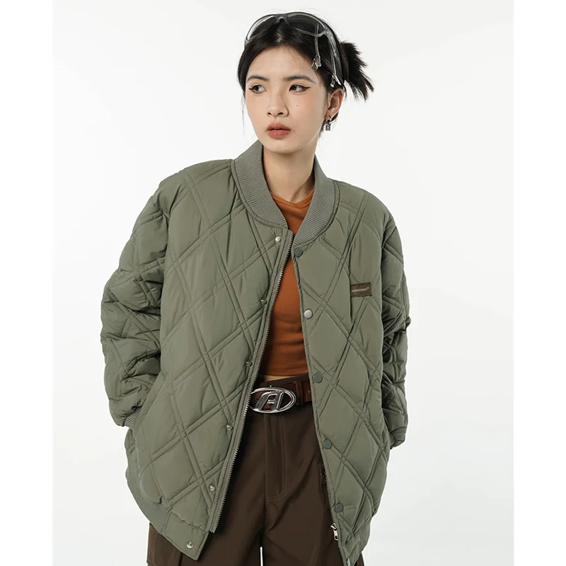 Women Green Down Jacket Fashion Single Breasting Rhombic Lattice Thickening Warm Feather Female Puffer Winter Outwear Tops