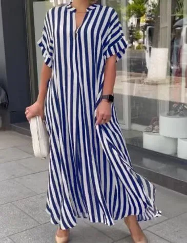 

Женское длинное платье-макси в полоску, повседневное свободное платье синего, красного, черного цветов с коротким рукавом, V-образным вырезо...