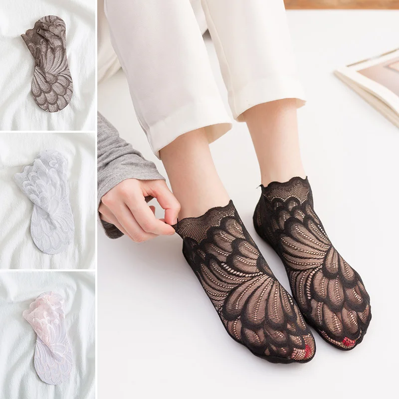

Модные женские летние носки, невидимые кружевные носки, тонкие павлиньи, женские короткие носки до щиколотки, прозрачные дышащие шелковые носки