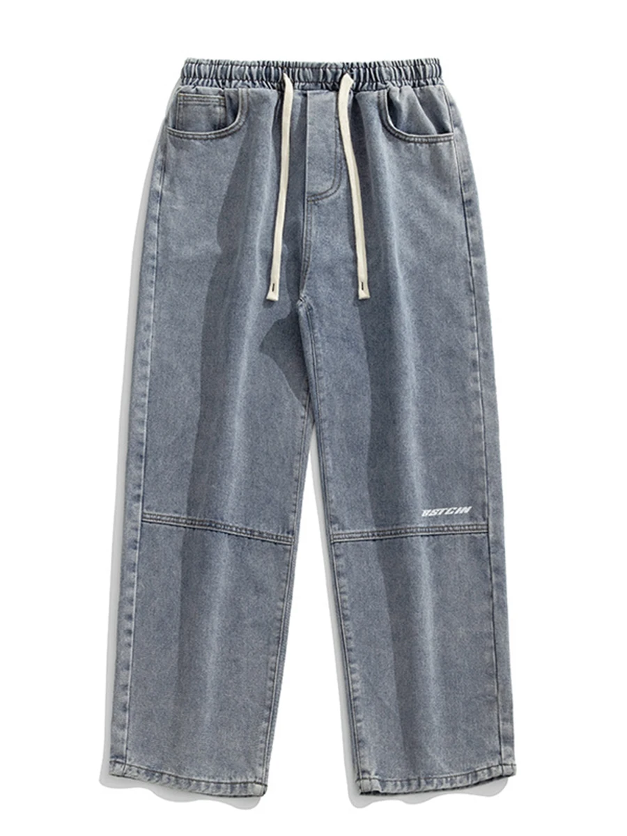 European and American High Street Men's Straight Loose Jeans New Stitching Trend Washed Retro Long Pants Streetwear Ins Hot Sale