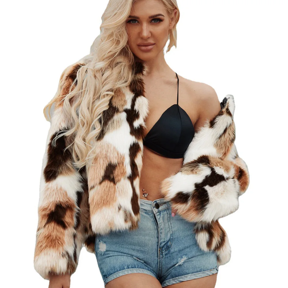 Faux for Fur Short Jackets Autumn  Winter Fashion Mixed Color Faux Fur Coat Jacket Women  Thick Warm Fur  Faux Fur Coat Cool