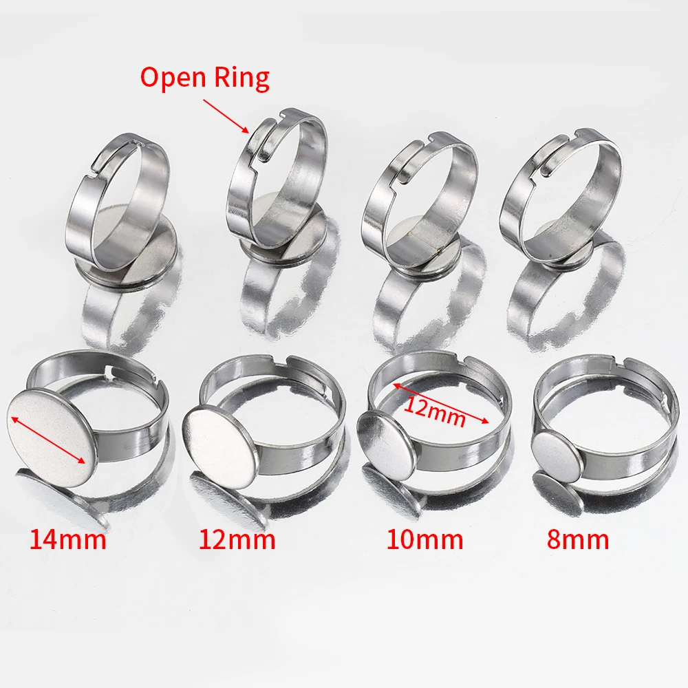 10pcs 8/10/12mm Stainless Steel Ring Settings Adjustable Ring Bezel Blank Round Cabochon Base for DIY Fashion Jewelry Making