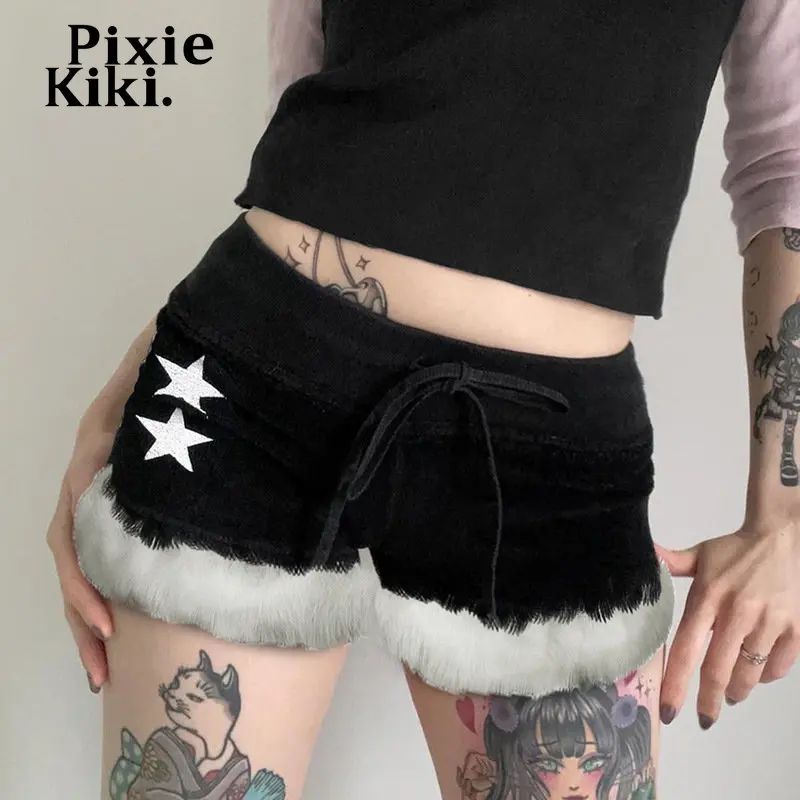 

PixieKiki Velvet Star Print Black Shorts Y2k Cute Sexy Drawstring Low Rise Furry Trim Booty Shorts Women Clothes P77-CZ15