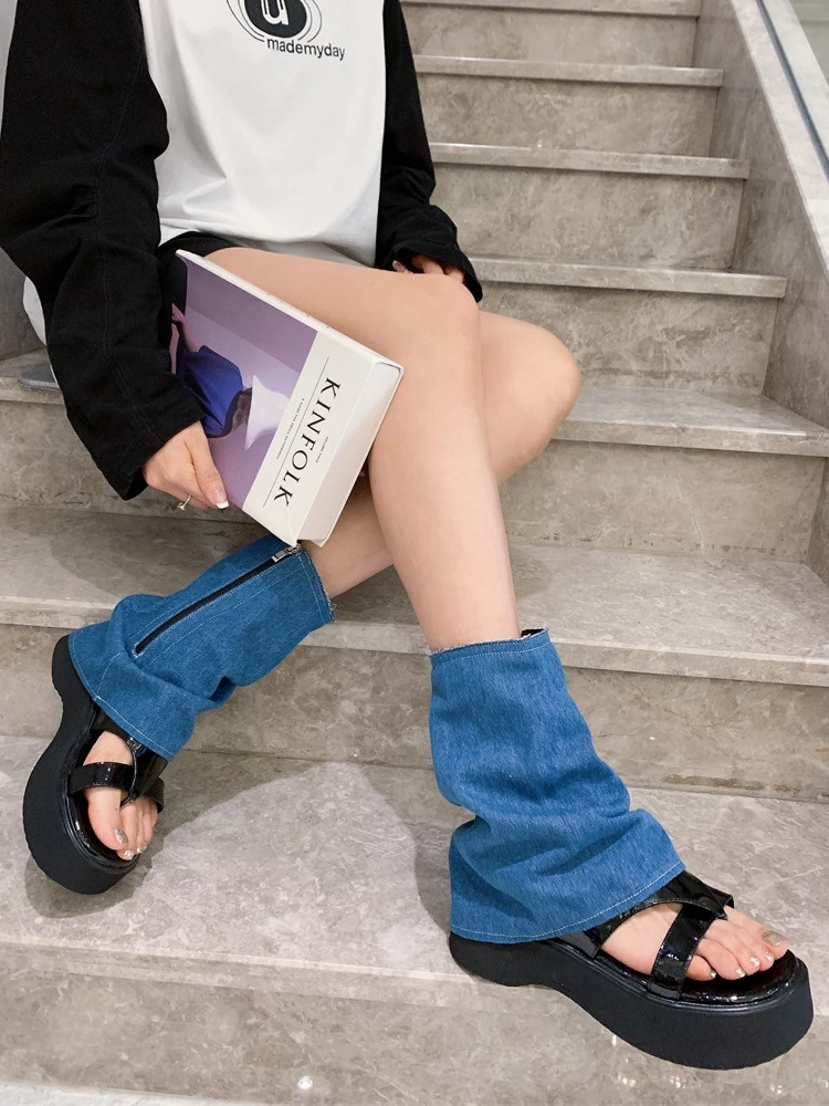 2023 Dark Hot Girl Style Sweet Cool Flip Toe Platform Denim Pants Tube Sandals Open Toe Mopping Floor Boots Women's Shoes