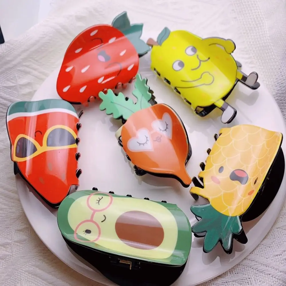 Ful Resin Fruits Hair Claw Lovely Cartoon Strawberry Pineapple Avocado Shark Clip For Women Girl Hair Accessories
